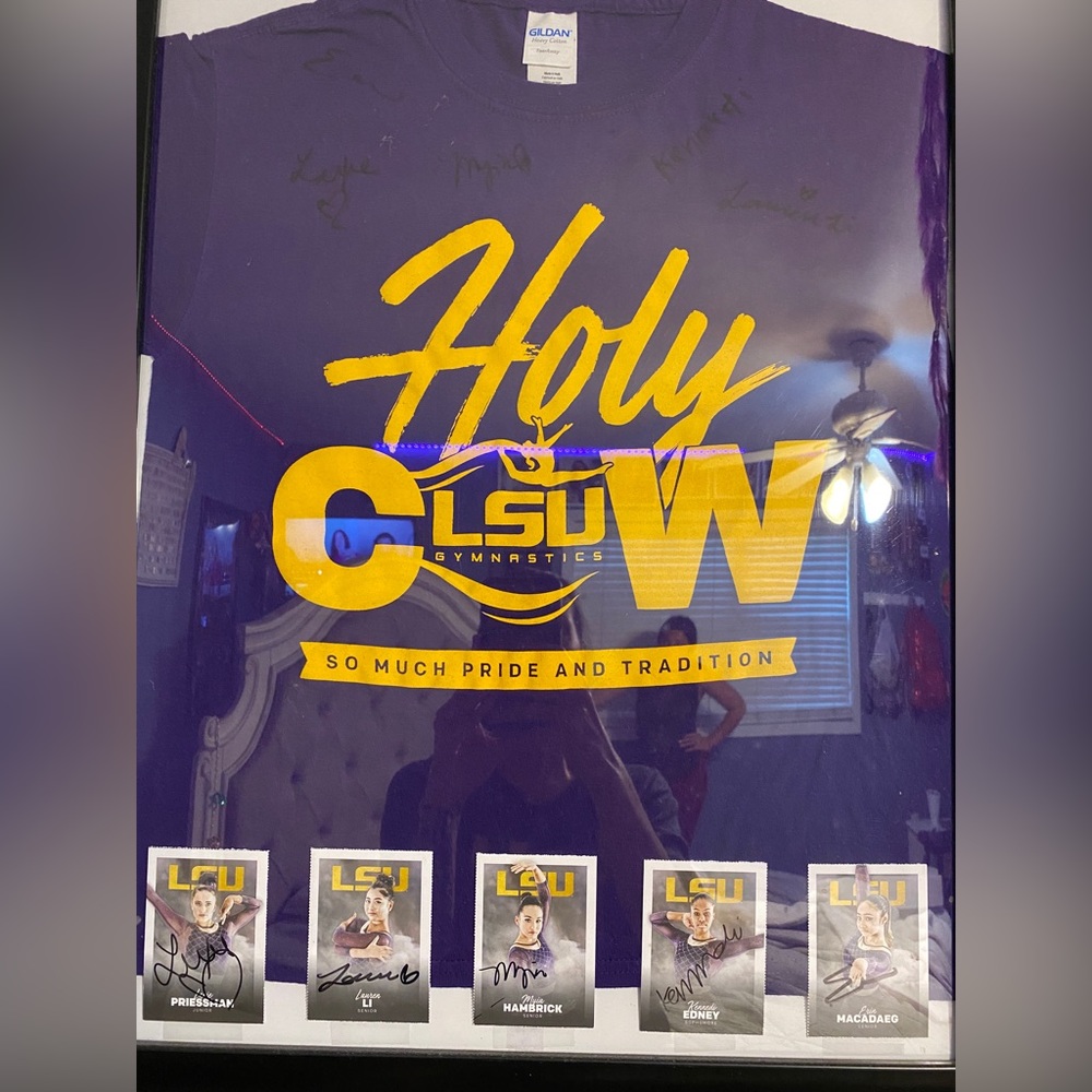 LSU Gymnastics signed shirt and cards framed